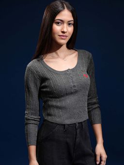 TOKYO TALKIES - Women Grey Self Design Round Neck Sweater