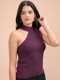 TOKYO TALKIES - Women Purple Fig High Neck Acrylic Sweater