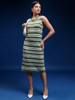 TOKYO TALKIES - Women Green Sleeveless Striped Sheath Sweater Dress