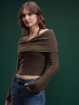 TOKYO TALKIES - Women Brown Self Design Off Shoulder Sweater