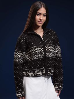 TOKYO TALKIES - Women Black High Neck Front Open Cardigan