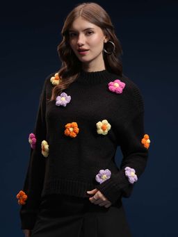 TOKYO TALKIES - Women Black Embroidered Round Neck Sweater