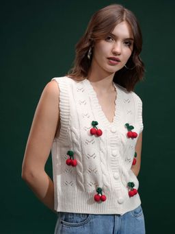 TOKYO TALKIES - Women Off White Sleeveless Cardigan