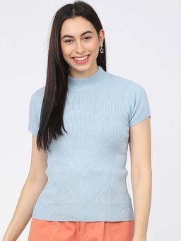 TOKYO TALKIES - Women Blue Ribbed Acrylic Pullover Sweater