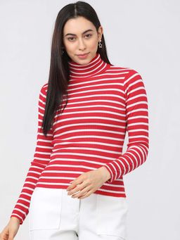 TOKYO TALKIES - Women Red Striped Acrylic Pullover Sweater