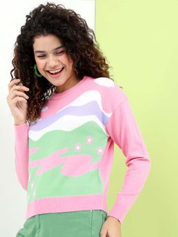 TOKYO TALKIES - Women Pink Abstract Patterned Pullover