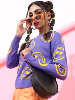 TOKYO TALKIES - Women Purple Jacquard Crop Pullover Sweater