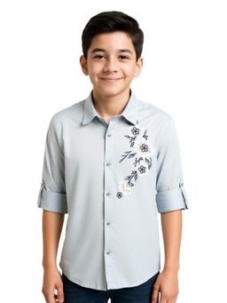 CHARCHIT - Boys Grey Cotton Regular Fit Spread Collar Full Sleeves Embroidered Shirt