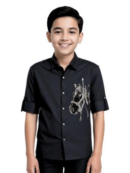 CHARCHIT - Boys Black Cotton Regular Fit Spread Collar Full Sleeves Embroidered Shirt