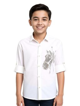 CHARCHIT - Boys White Cotton Regular Fit Spread Collar Full Sleeves Embroidered Shirt