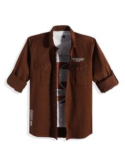 CHARCHIT - Boys Brown Regular Fit Spread Collar Full Sleeves Printed Shirt & T-Shirt