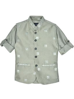 CHARCHIT - Boys Green Traditional Sleeveless Embroidered Nehru Jacket & Shirt