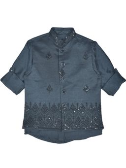 CHARCHIT - Boys Grey Traditional Sleeveless Embroidered Nehru Jacket & Shirt
