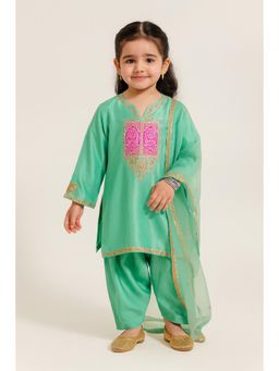 Tiny Pants - Girls Mint Green Embroidered Kurta with Pant & Dupatta