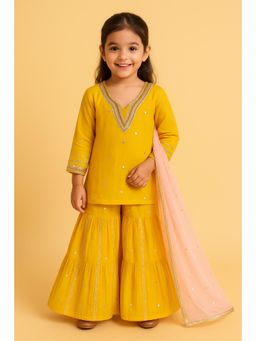Tiny Pants - Girls Yellow Mirror Work Kurta & Sharara with Dupatta