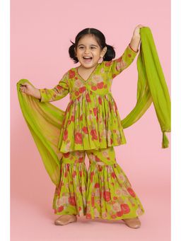 Tiny Pants - Girls Green Floral Printed Kurta & Sharara with Dupatta