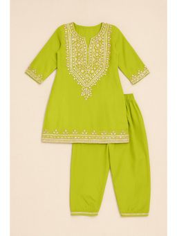 Tiny Pants - Girls Lime Green Embroidered Kurta with Pant
