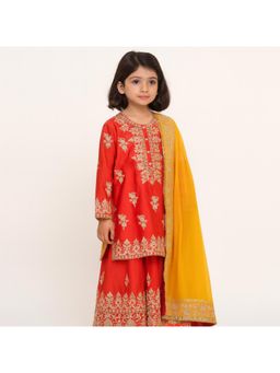 Tiny Pants - Girls Red Embroidered Kurta & Sharara with Dupatta