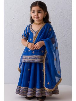 Tiny Pants - Girls Royal Blue Embroidered Lehenga Choli with Dupatta