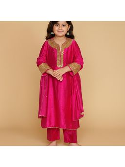 Tiny Pants - Girls Hot Pink Kurta with Pant & Dupatta