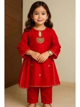 Tiny Pants - Girls Red Anarkali Kurta with Pant & Dupatta