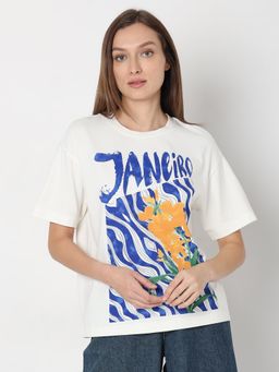 VERO MODA - White Printed Relaxed Fit T-Shirt