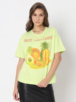 VERO MODA - Lime Green Printed Relaxed Fit T-Shirt