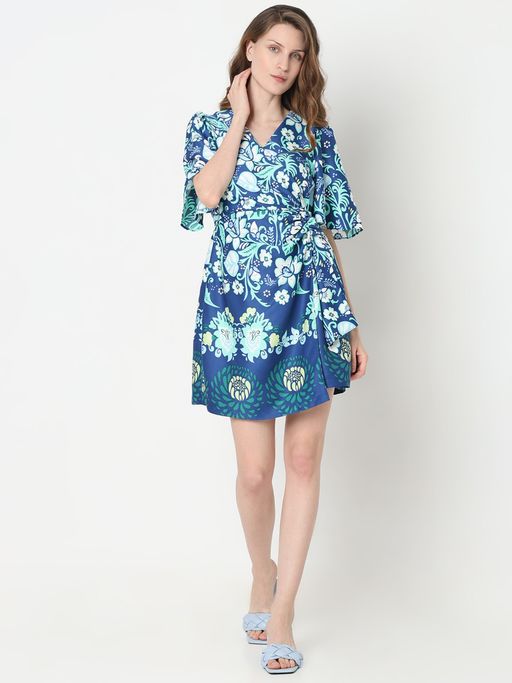 Buy VERO MODA Blue Floral Print Fit & Flare Dress Online