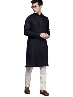 Manyavar - Navy Blue Linen Casual Printed Kurta