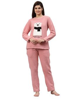 Sweet Dreams - Women Applique Polar Fleece Round Neck Full Sleeve Winter Nightsuit - Pink