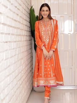 Gopi Vaid - Aarohi Orange Anarkali Kurta with Churidar and Dupatta