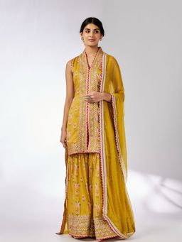 Gopi Vaid - Dhriti Sleeveless Mustard Kurta with Sharara and Dupatta