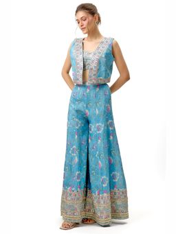 Gopi Vaid - Tanisha Blue Crop Top with Palazzo and Jacket