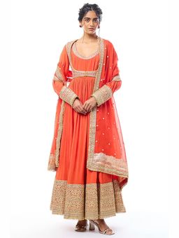 Gopi Vaid - Afsa Orange Anarkali Kurta Churidar with Jacket and Dupatta