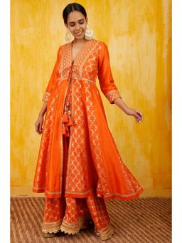 Gopi Vaid - Marigold Brocade Orange Anarkali Jacket with Sharara