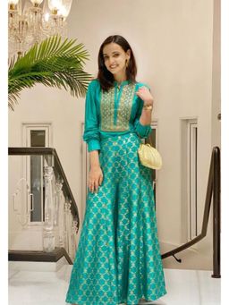 Gopi Vaid - Marigold Brocade Aqua Shirt with Palazzo