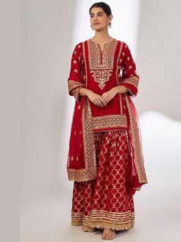 Gopi Vaid - Marigold Brocade Red Kurta with Sharara and Dupatta