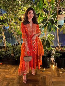 Gopi Vaid - Marigold Brocade Orange Anarkali Kurta with Churidar and Dupatta