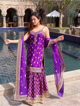 Gopi Vaid - Marigold Brocade Purple Top with Sharara and Dupatta