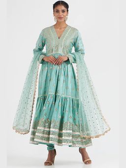 Gopi Vaid - Suhana Ag Tiered Aqua Anarkali Kurta with Churidar and Dupatta