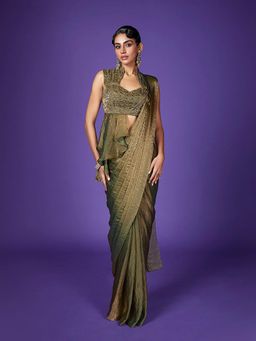 Qunic - Radiance Embroidered Predraped Olive Saree with Stitched Blouse