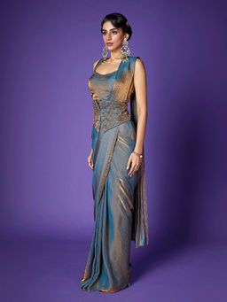 Qunic - Elantra Embellished Predraped Blue Saree with Stitched Blouse