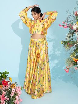Gajra Gang - Tea-Time Yellow Printed Crop Top and Skirt GGLEH54 (Set of 2)