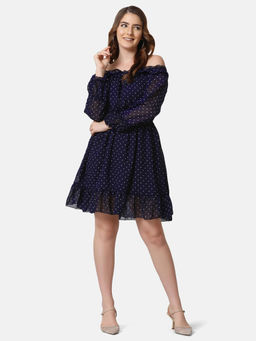 Buynewtrend - Navy Georgette Off Shoulder Polka Dot Short Women Dress