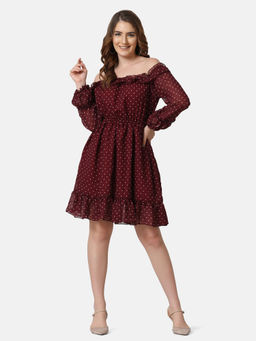 Buynewtrend - Brown Georgette Off Shoulder Polka Dot Short Women Dress
