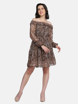 Buynewtrend - Dark Brown Off-Shoulder Leopard Print Women Mini Dress