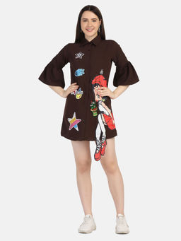 Buynewtrend - Brown Crepe Embroidered Print Women Shirt Style Mini Dress