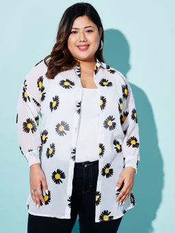 Buynewtrend - Black White Boxy Fit Georgette Floral Print Women Plus Size Long Shirt