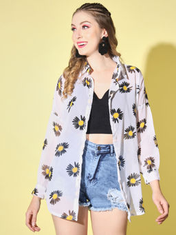 Buynewtrend - Black White Boxy Fit Georgette Floral Print Women Long Shirt