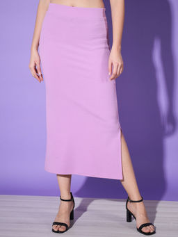 Buynewtrend - Lavender Solid Below Knee Slit Women Pencil Midi Skirt